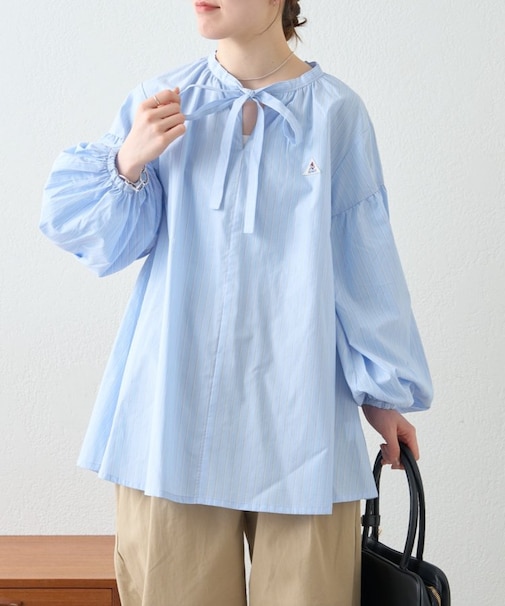【GEVACO】ストライプ柄ボウタイギャザーチュニックブラウス