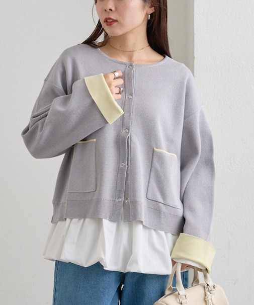 【UVカット/接触冷感】袖配色ニットスナップカーデ