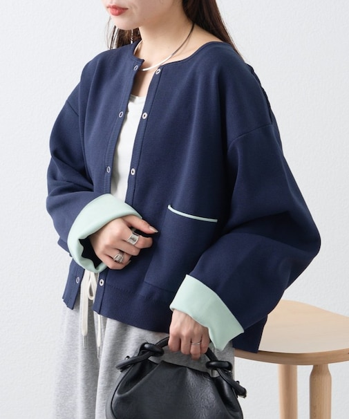 【何役もこなす多機能付き】袖配色ニットスナップカーデ