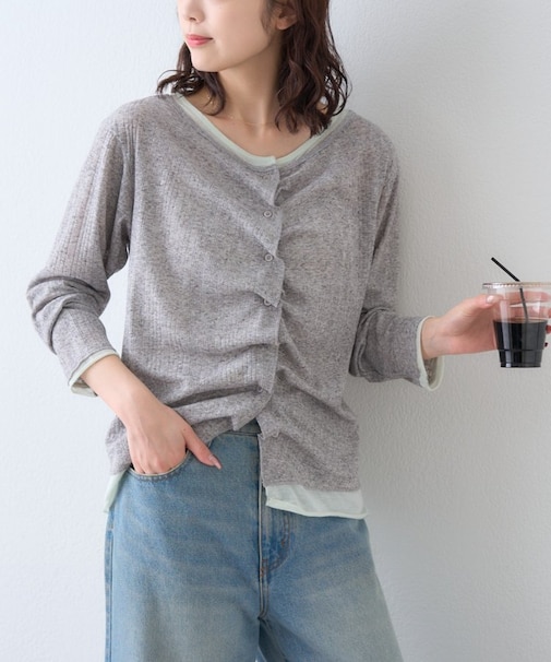 フロントタックレイヤードライクメランジリブカーデ