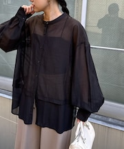 ≪裾レイヤード≫シアーバンドカラーシャツ