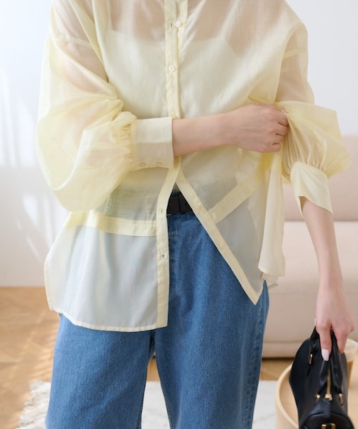 ≪裾レイヤード≫シアーバンドカラーシャツ