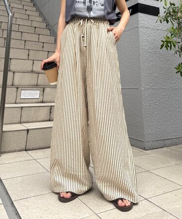 【UNISEX】【プラスサイズあり】ストライプシアサッカーイージーパンツ
