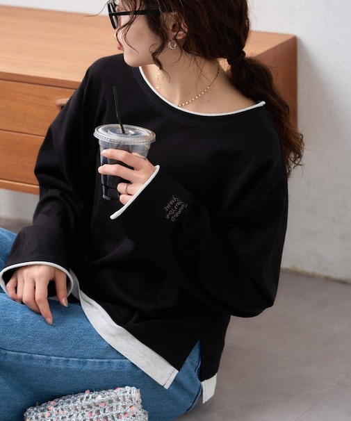 【接触冷感/一枚で決まる】フェイクレイヤードシアースラブ刺繍オーバーTee