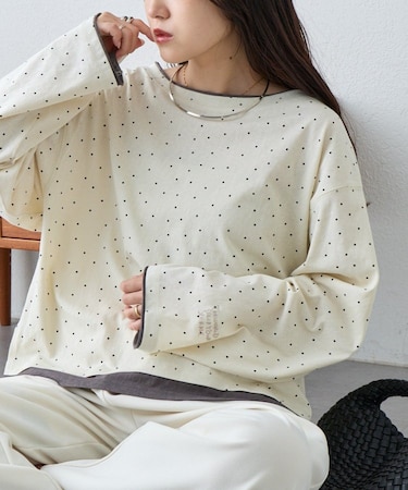 【接触冷感/ドット柄あり】フェイクレイヤードシアースラブ刺繍オーバーTee