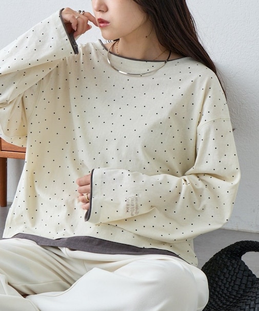 【接触冷感/ドット柄あり】フェイクレイヤードシアースラブ刺繍オーバーTee