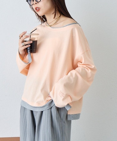 【接触冷感/ドット柄あり】フェイクレイヤードシアースラブ刺繍オーバーTee