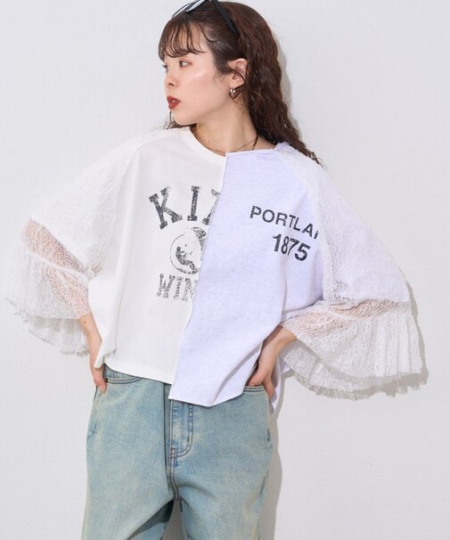 【etsinta】袖レースリメイク切替カレッジTee