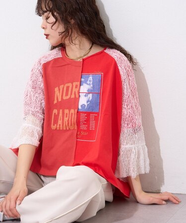 【etsinta】袖レースリメイク切替カレッジTee