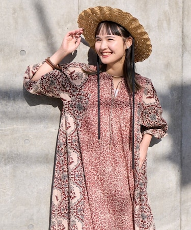 【Aguni】花柄切替袖ボリュームワンピース