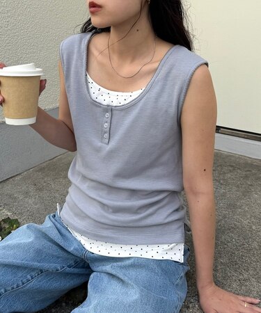 配色レイヤードヘンリーネックリブタンク