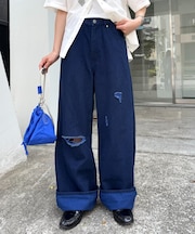 【UNISEX】ライトオンスカラーロールアップダメージデニム