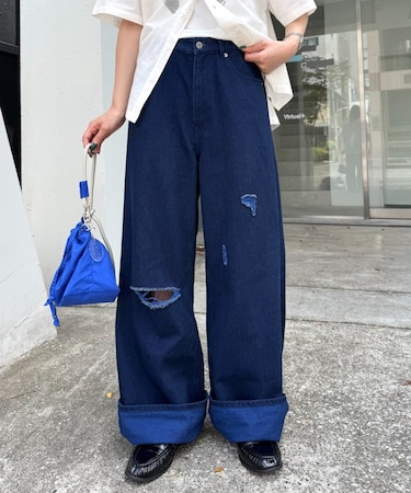【UNISEX】ライトオンスカラーロールアップダメージデニム