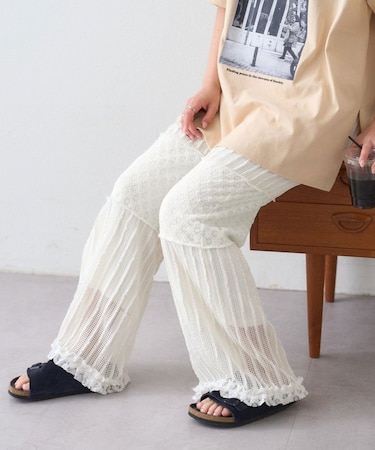 裾フリル切替メッシュレースフレアパンツ