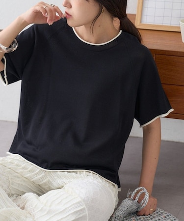 【接触冷感/二の腕カバーも叶う◎】配色ラグラン半袖ニットTee