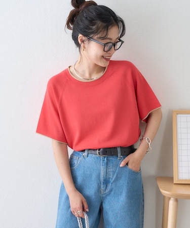 【接触冷感/二の腕カバーも叶う◎】配色ラグラン半袖ニットTee