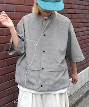 【ユニセックス】ノーカラービッグポケットチェックシャツ