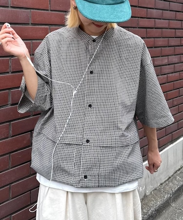【ユニセックス】ノーカラービッグポケットチェックシャツ