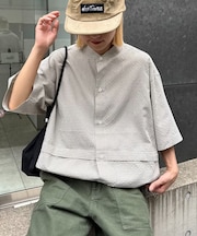 【ユニセックス】ノーカラービッグポケットチェックシャツ