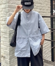 【ユニセックス】ノーカラービッグポケットチェックシャツ