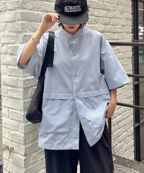 【ユニセックス】ノーカラービッグポケットチェックシャツ