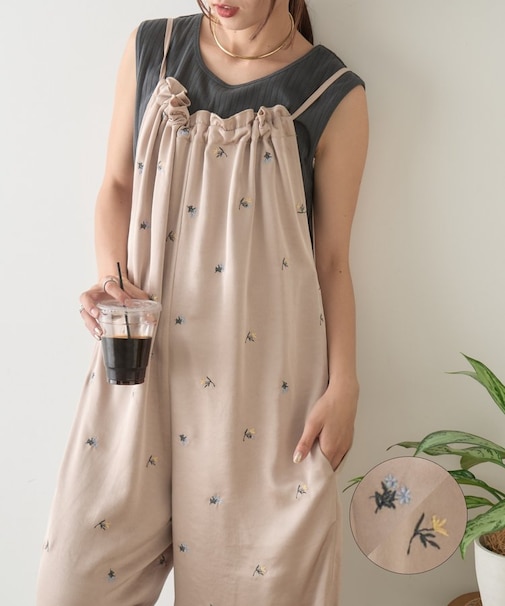 【2サイズ展開】花柄刺繍リボンサテンサロペット