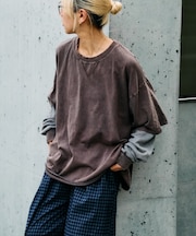 アシッドウォッシュ加工フェイクレイヤードワッフルロンTEE
