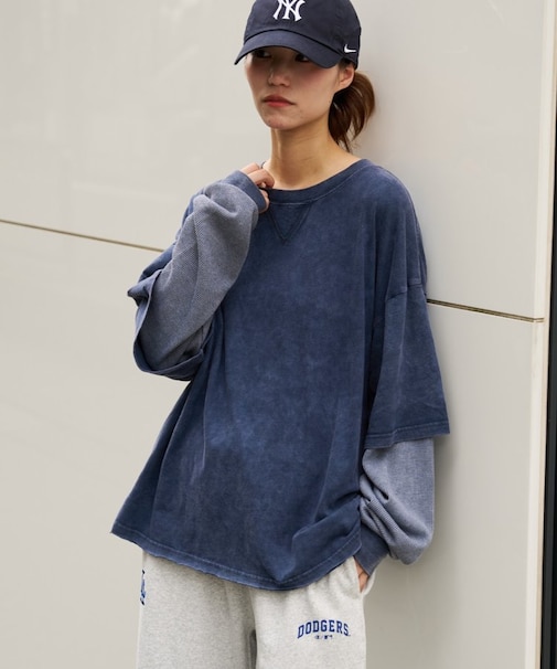 アシッドウォッシュ加工フェイクレイヤードワッフルロンTEE