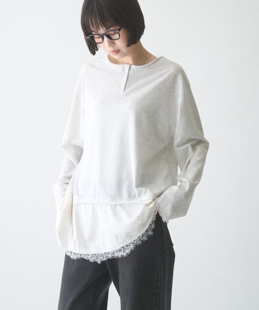 ∴【前後2WAY】ヘンリーネックサテンレースドッキングシアースラブTee