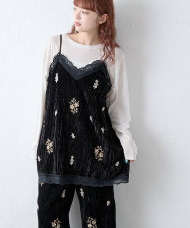 Aguniベロアビジュー刺繍レースランジェリーチュニック