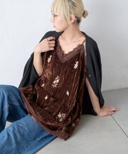 Aguniベロアビジュー刺繍レースランジェリーチュニック