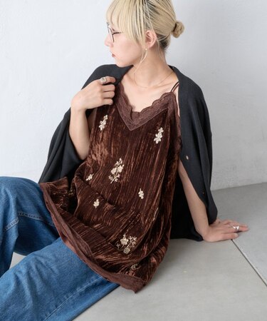 Aguniベロアビジュー刺繍レースランジェリーチュニック