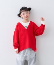 【KIDS】洗える深Vネックレースドッキングニット(WEB限定カラーあり)