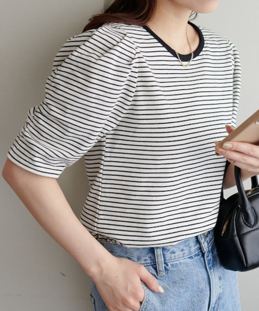 ボーダーパワショル5分袖プルオーバー