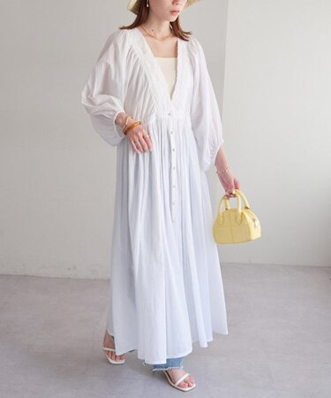 ボタン使いレース切替ワンピース