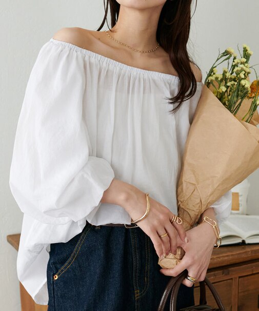 コットンシアーオフショルブラウス5分袖