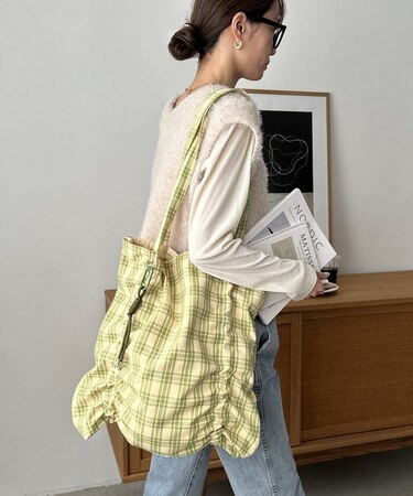 アソートチェックギャザートートバッグ