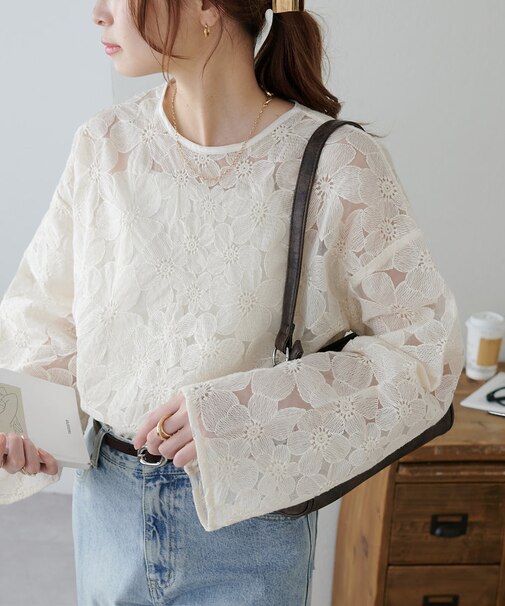 生地レースクロップドブラウス