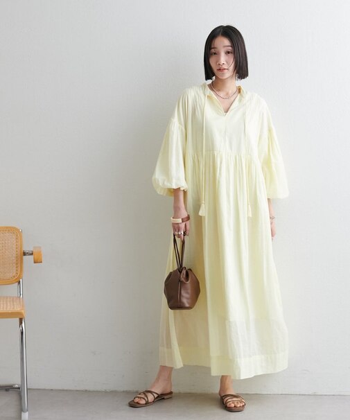 【India】袖バルーン切替ギャザーワンピース