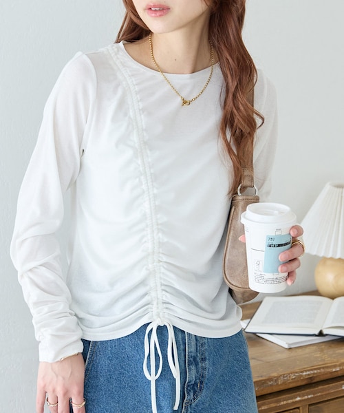 ディスコート新品ギャザーカットソー トップス メランジ胸ギャザープルオーバー（Tシャツ/カットソー