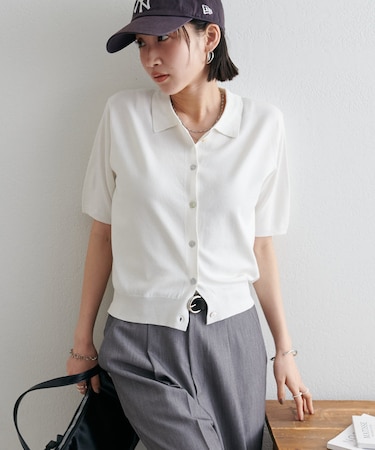 サラモチ衿付き半袖カーディガン《WEB限定カラーあり》