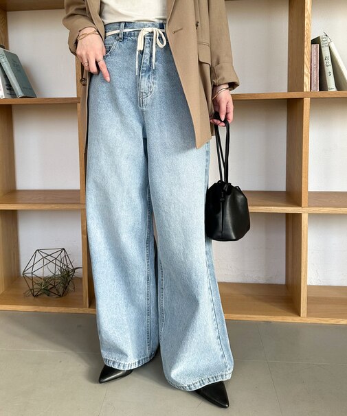 ロープベルトライトデニムワイドパンツ
