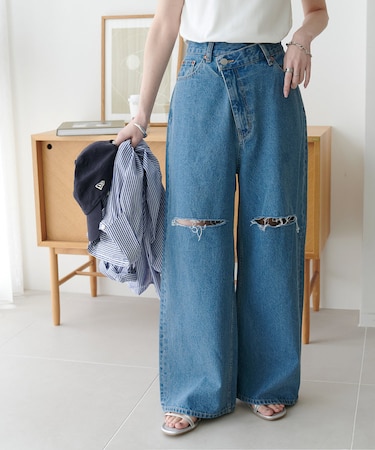 ライトデニムクラッシュワイドパンツ