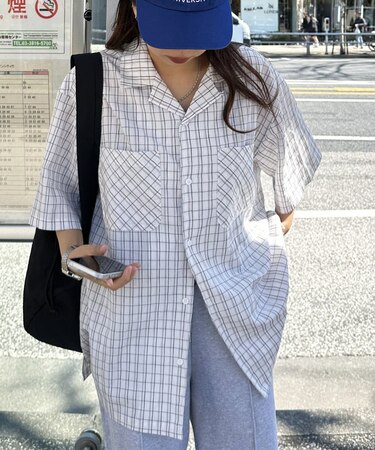 【ユニセックス】シアーサッカーチェックオープンカラーシャツ