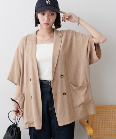 【ユニセックス】麻混ストライプ半袖シャツジャケット