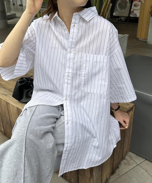 【ユニセックス】チョークストライプオーバー半袖シャツ ユニセックス】チョークストライプオーバー半袖シャツ｜ディス