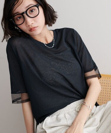 シアー袖切替5分袖Tシャツ