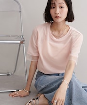 シアー袖切替5分袖Tシャツ