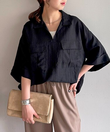 【ユニセックス】スラブリネンライクプルオーバーシャツ