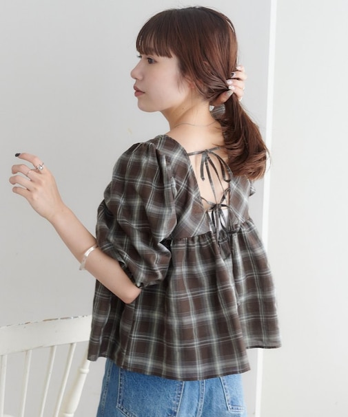 【umm.】チェック袖バルーンブラウス